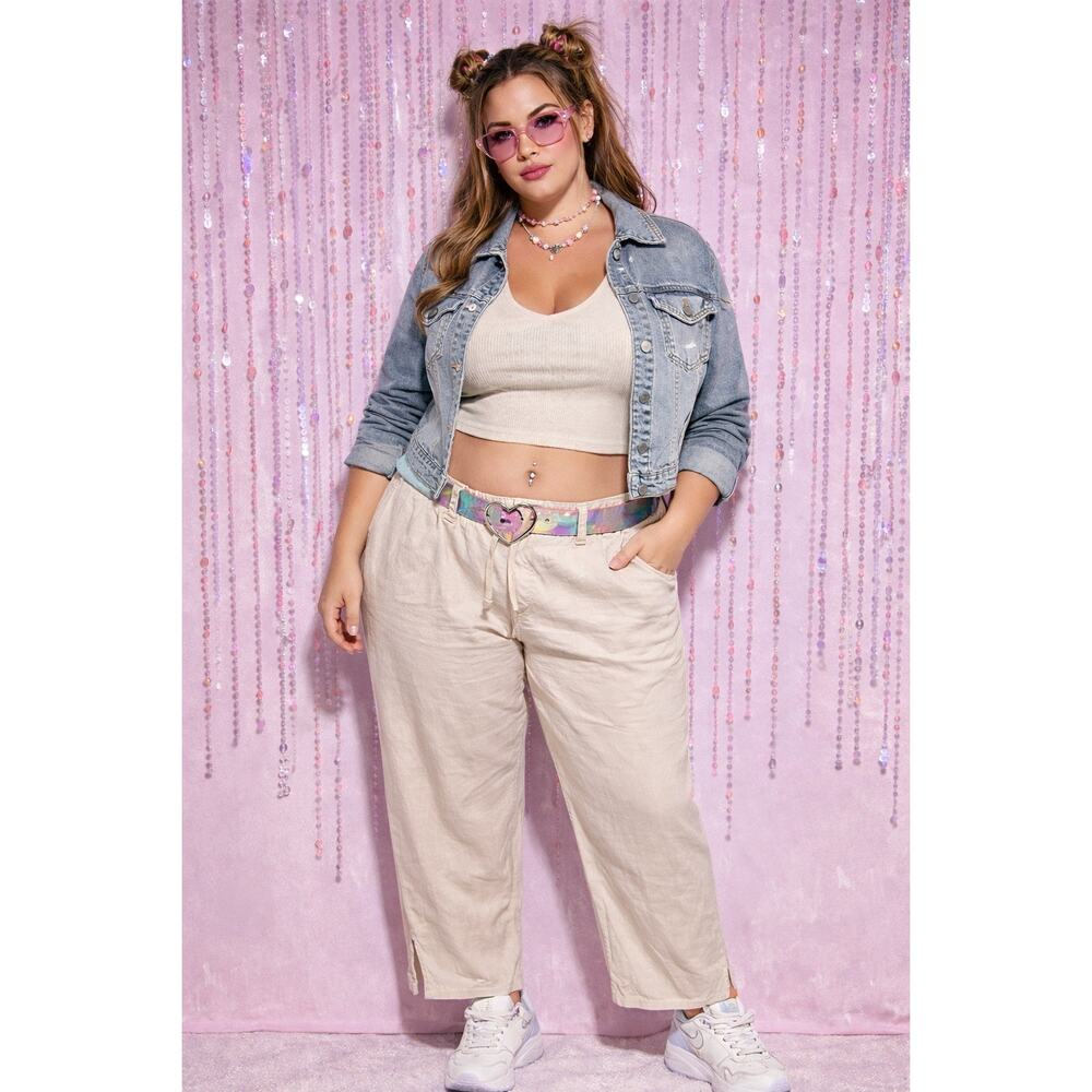 Old Navy Vintage Y2K Just Below Waist 100% Linen Pants Beige Coastal Womens 16
